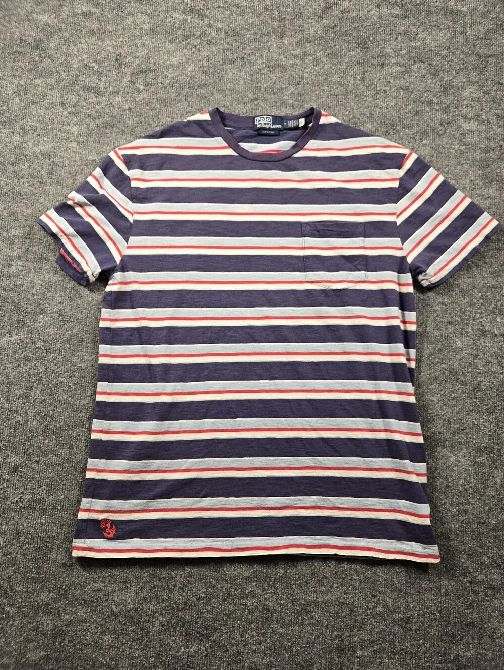Polo by‎ Ralph Lauren Classic Fit Striped Pocket T-Shirt Anchor Logo Navy M